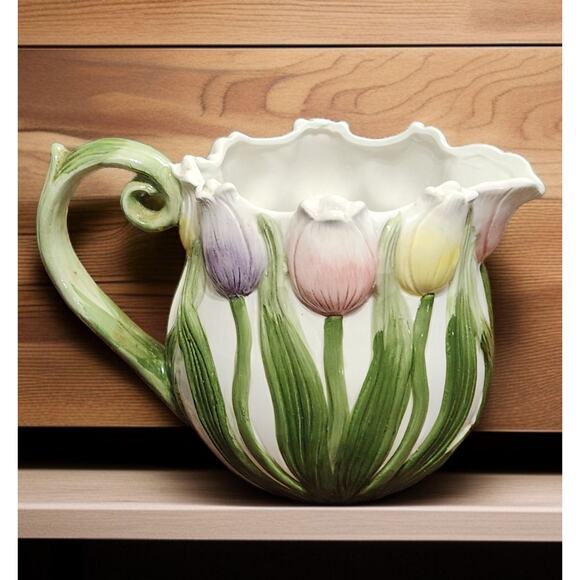 Fitz and Floyd Omnibus Tulip Pitcher 1990 Yellow Pink Purple Green Handpainted - Picture 3 of 7